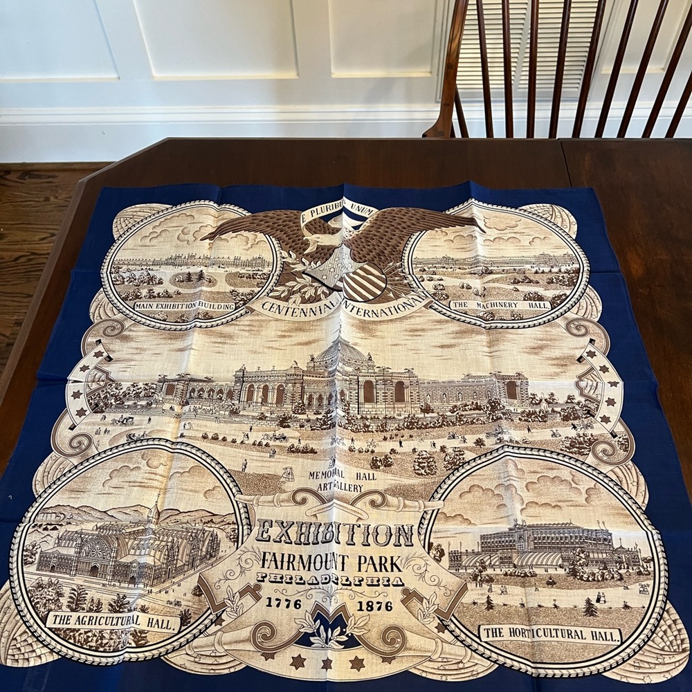 Vintage Smithsonian Philadelphia Exhibition Fairmount Park NEW Cotton Scarf 25”